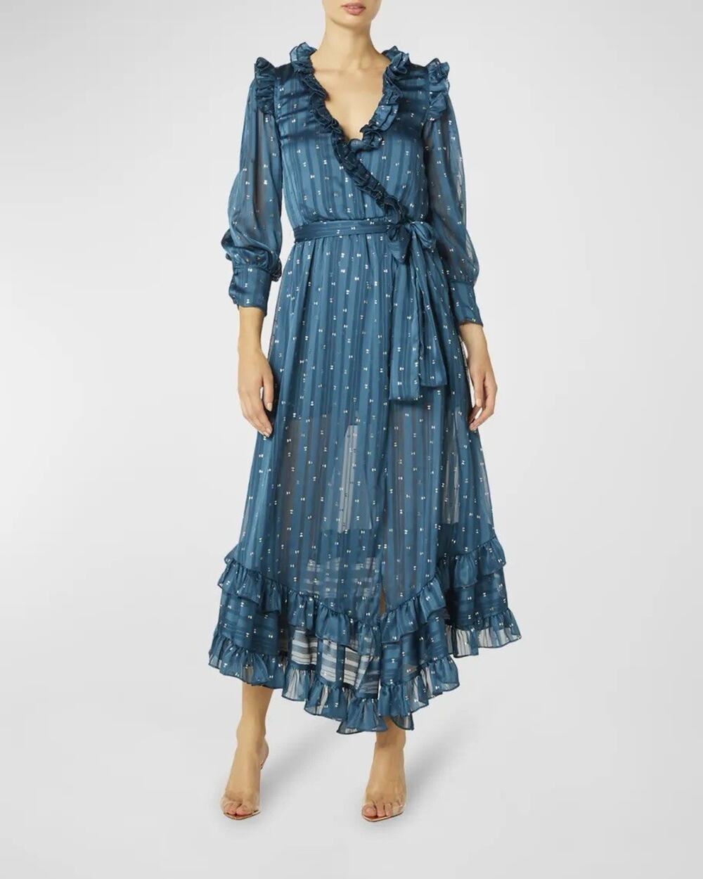 MISA Los Angeles Gabriella Chiffon Ruffle Midi Maxi Dress Large Wedding Guest